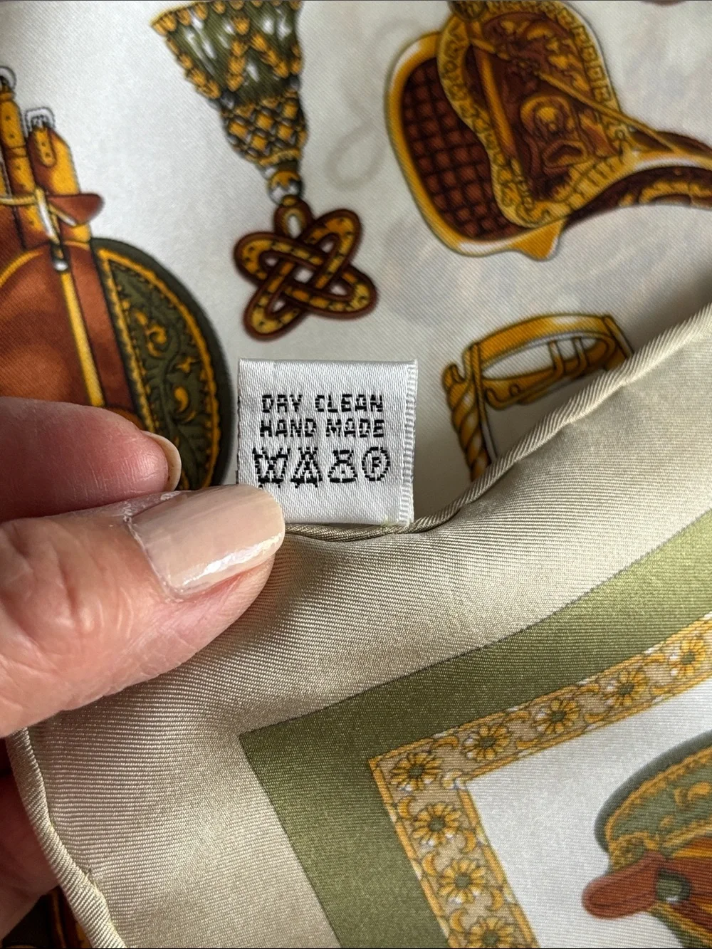 Unbranded Equestrian Motif Print Silk Scarf Ivory Gold & Olive Handmade
